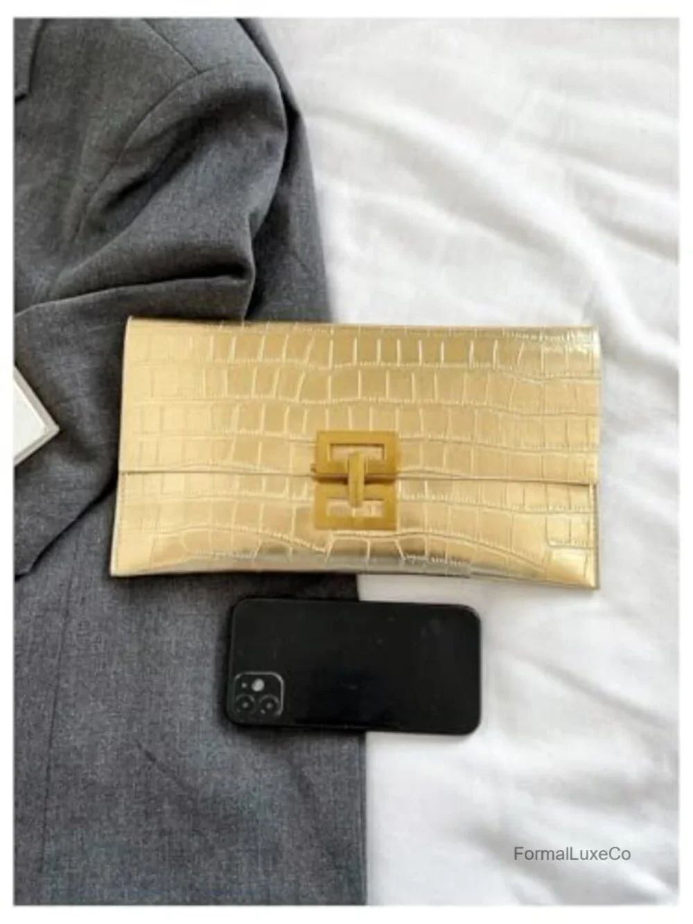 Metallic Faux Leather Envelope Clutch Evening Bag Formal Wedding Purse